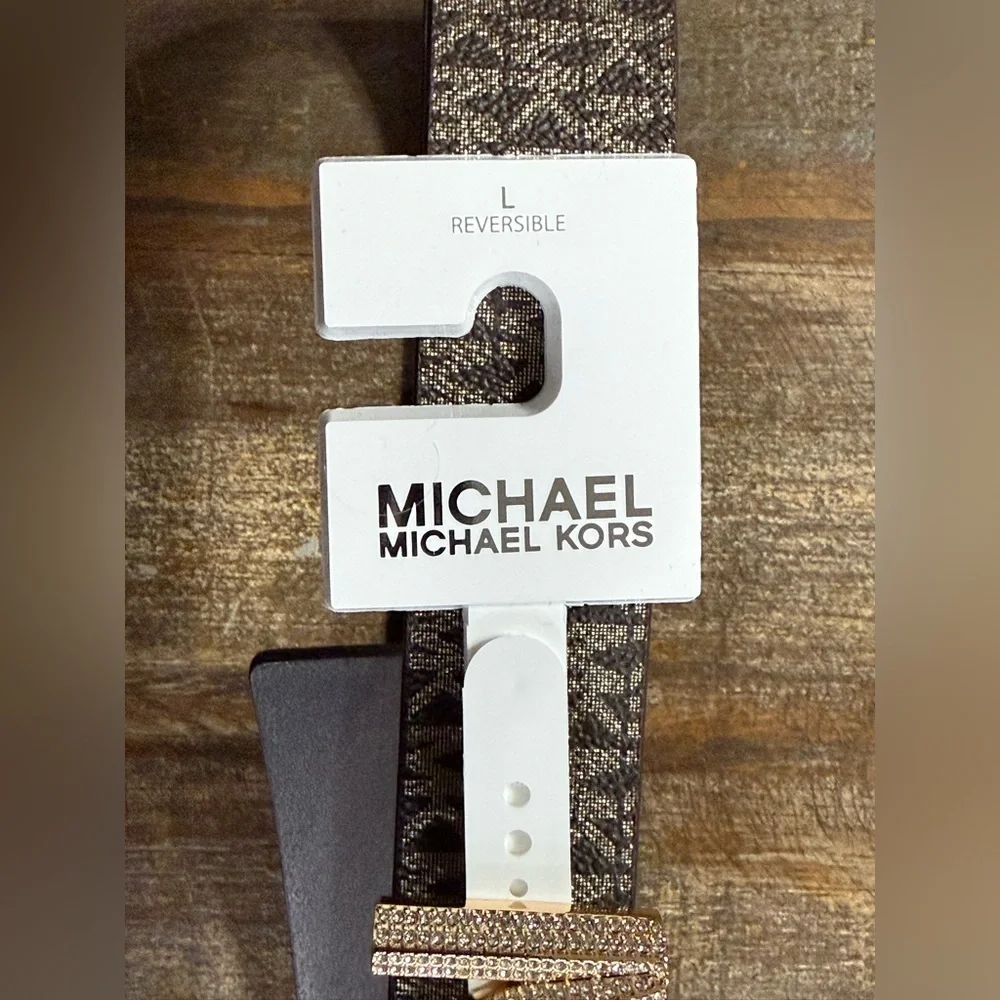 Michael Kors Sz LG Brn Blk Reversible MK Logo Belt w/Rhinestone Gold Buckle NWT